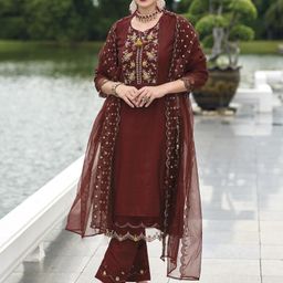 Indo Era Maroon Floral Yoke Design Thread Work Straight Kurta & Trousers With Dupatta-image-30