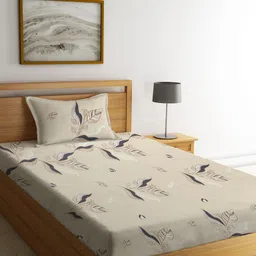 KLOTTHE Cream & Grey Floral Printed 300 TC Fitted Single Bedsheet with Pillow Cover-17