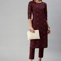 KALINI Women Maroon Pure Cotton Geometric Woven Design Kurta with Trousers-picture-8