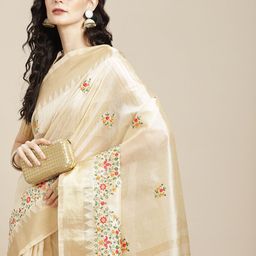 SERONA FABRICS Cream-Coloured Embroidered Woven Design Silk Cotton Saree with Blouse-23