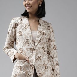 Shaftesbury London Women Cream-Coloured Paisley Design Slim Fit Single-Breasted Blazer-picture-11