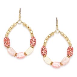 RICHEERA Peach-Coloured Gold-Plated Beaded Oval Drop Earrings-54