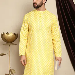 Anouk Yellow Ethnic Motifs Printed Band Collar Straigt Kurta-image-97