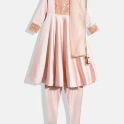 Ethnovog Girls Pink Yoke Design Empire Sequinned Kurta with Pyjamas-image-14