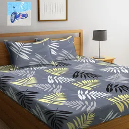 KLOTTHE Grey & Blue Floral 210 TC 2 King Bedsheet with 4 Pillow Covers-picture-7