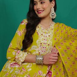 Sangria Women Floral Printed Anarkali Kurta Sets With Dupatta-image-1