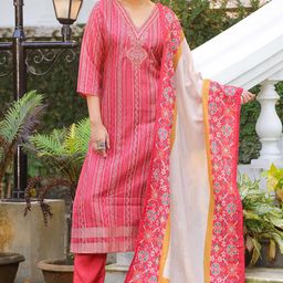 Anouk Pink Floral Embroidered V-Neck Straight Kurta With Trousers And Dupatta-image-80