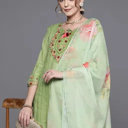 Indo Era Floral Embroidered Regular Thread Work Pure Cotton Kurta With Trousers & Dupatta-35