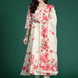 Indo Era Floral Printed Regular Pure Cotton Kurta with Trousers & With Dupatta image 3