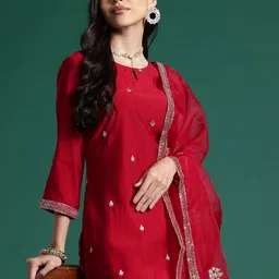 Indo Era Women Floral Embroidered Regular Kurta With Palazzos & Dupatta-picture-10