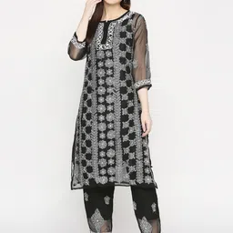 Indiankala4u Floral Embroidered Chikankari Kurta With Palazzos & Camisole-picture-10