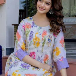 Indo Era Floral Printed A-Line Pure Cotton Kurta With Trousers-46