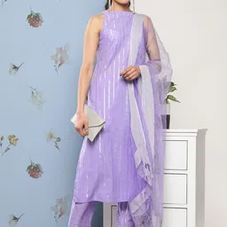 Varanga Women Lavender Striped Pure Cotton Kurta with Trousers & With Dupatta-picture-14