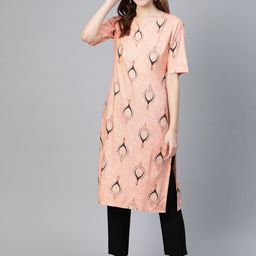 Idalia Women Peach-Coloured & Black Printed Kurta with Trousers-16