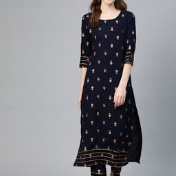 Idalia Women Navy Blue & Golden Printed Kurta with Trousers-image-92