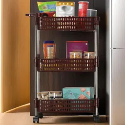 Aura Brown & Steel 3-Layer Storage Revolving Rack with Wheels-23