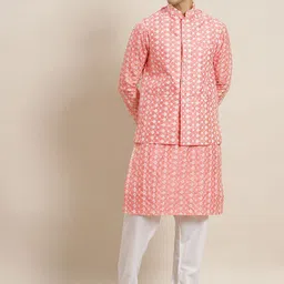SOJANYA Men Coral Pink & White Floral Embroidered Kurta Set & Nehru Jacket-picture-11