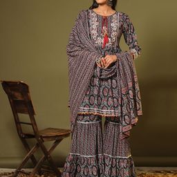 Vbuyz Ethnic Motifs Printed Pure Cotton Kurta with Sharara & Dupatta-image-12