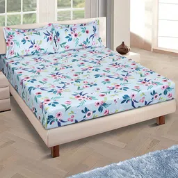 ROMEE Blue & Pink Floral Microfiber 144 TC Queen Bedsheet with 2 Pillow Covers-image-32