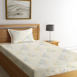 KLOTTHE Cream & Blue Floral 300 TC Fitted Single Bedsheet with 1 Pillow Cover-image-43