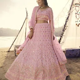 Fusionic Embroidered V-Neck Organza Semi Stitched Lehenga & Unstitched Blouse With Dupatta-picture-36