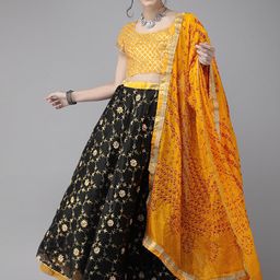 Geroo Jaipur Hand Embroidered Black Kota Silk Sustainable Lehenga With Yellow Bandhani Dupatta-picture-22