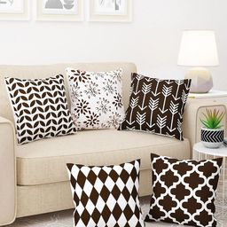 Story@home Brown & White 5 Pieces Geometric Square Cushion Covers-18