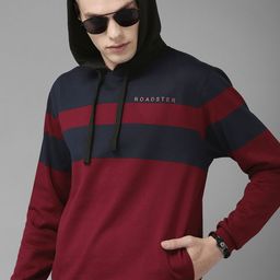 The Roadster Lifestyle Co Men Burgundy & Navy Blue Striped Hooded Sweatshirt-image-37