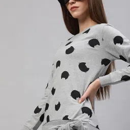 EVAH LONDON Women Grey Melange & Black Printed Sweatshirt With Tie-Up-image-50