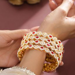Rubans Set of 4 18K Mehandi Gold-Plated Ruby Pink & White Kundan Studded Designer Bangles-image-30