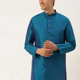 THANGAMAGAN Men Blue Solid Band Collar A-Line Straight Kurta-picture-21