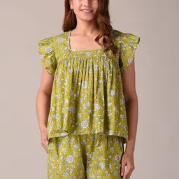 KANNAHI Floral Printed Lapel Collar Pure Cotton Top & Shorts Night Suit-picture-32