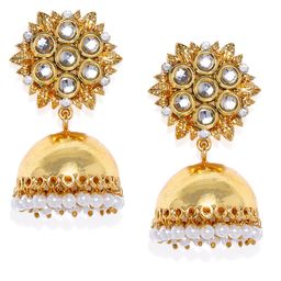 Zaveri Pearls Gold-Toned Pearl & Kundan Studded Dome Shaped Jhumkas-47