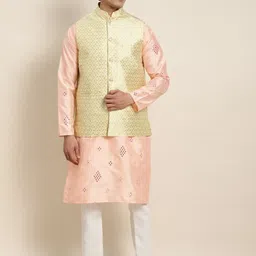 SOJANYA Men Peach-Coloured Embroidered Mirror Work Kurta with Pyjamas & Nehru Jacket-10