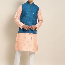 SOJANYA Men Peach-Coloured Embroidered Mirror Work Kurta with Pyjamas & Nehru Jacket-5
