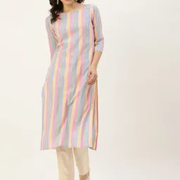 Saanjh Multicolor Striped Cotton Blend Straight Kurti-image-4