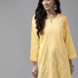 ADA Yellow & Off White Sustainable Ethnic Motifs Chikankari Kurti-53