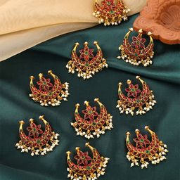 Yellow Chimes Set of 9 Gold Plated Choti Jadai Billai Bridal Hair Accessories-image-14