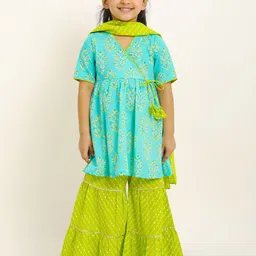 Campana Girls Ethnic Motifs Printed Angrakha Anarkali Cotton Kurti With Sharara & Dupatta-picture-38