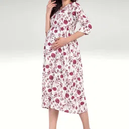 LA FURBO Women Floral Print Maternity Fit & Flare Midi Dress-picture-32