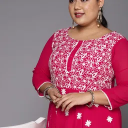 INDDUS PLUS Women Magenta & White Floral Embroidered Thread Work Georgette Anarkali Kurta-image-21