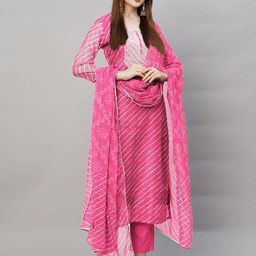 KALINI Leheriya Printed Embroidered Straight Kurta With Trousers & Dupatta-46