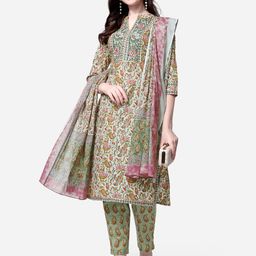 KALINI Women Green Floral Printed Gotta Patti Pure Cotton Kurta with Trousers & With Dupatta-43