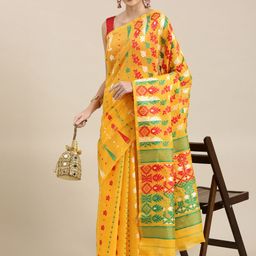 KALINI Yellow & Green Woven Design Silk Cotton Jamdani Saree-image-19