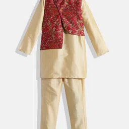 Ethnovog Boys Beige Solid Made to Measure Kurta Kurta Pyjamas  Asymmetric Nehru Jacket-picture-55