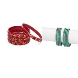 SOMIL Set Of 12 Red And Turquoise Blue Glass Artificial Stones & Beads Bangles-picture-0