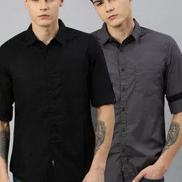 Roadster Men Black & Grey Regular Fit Pack of Two Solid Sustainable Casual Shirts-image-29
