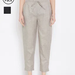 Bitterlime Women Black & Grey Relaxed Regular Fit Solid Peg Trousers-image-32