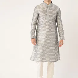 Manyavar Men Grey & White Woven Design Kurta with Churidar-8
