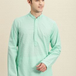 House of Pataudi Men Turquoise Blue Chikankari Embroidered Straight Kurta-40